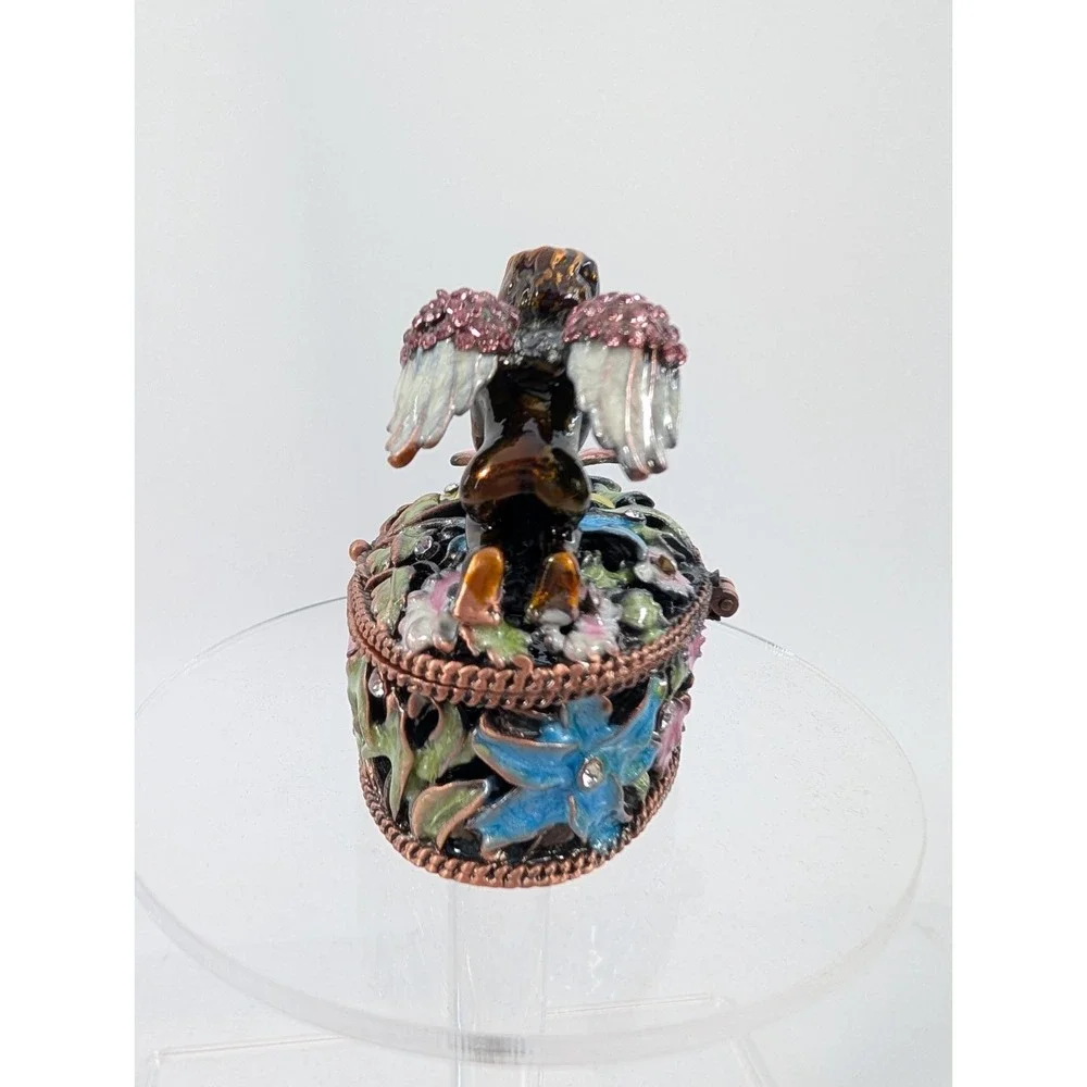 Bejeweled Cherub‎ Angel With Butterfly Floral Trinket Box